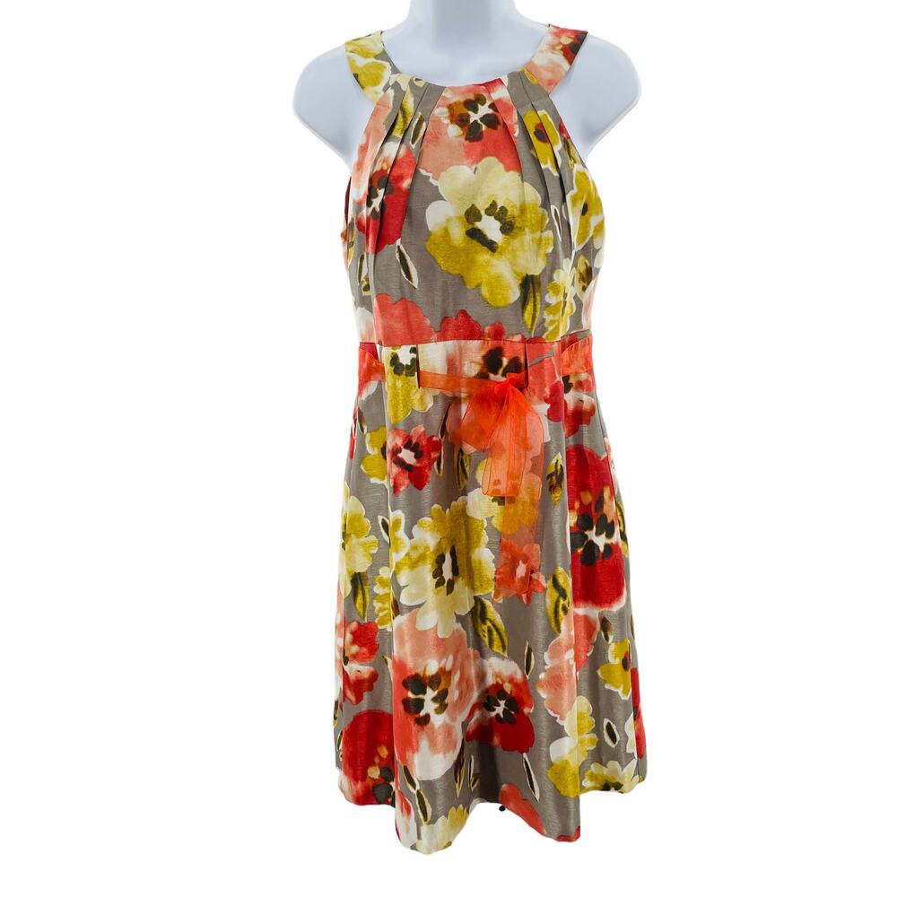 Perceptions New York Coral Gray Floral Sleeveless Ribbon Belt A-Line Dress 8